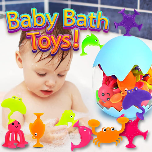 Suction Bath Toys for Kids, 18 Pcs Silicone Ocean Animal Suction Cup Toys with Eggshell & Bag, No Hole Mold Free Bath Toy, Sensory Window Building...