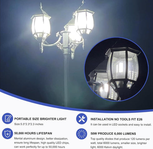 2 Pack 400W Equivalent Led Corn Light Bulb, 6000 Lumen 6000K Daylight 50W LED Corn Lamp, E26/E27 Medium Base for Indoor Garage Factory Warehouse B...