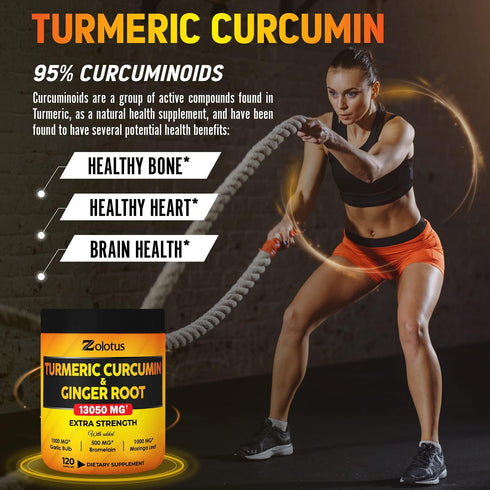 6 in 1 Turmeric Curcumin + Ginger Capsules, 95% Curcuminoids, Equivalent to 13050mg, with Ginger, Garlic Bulb, Bromelain, Moringa, Black Pepper, J...