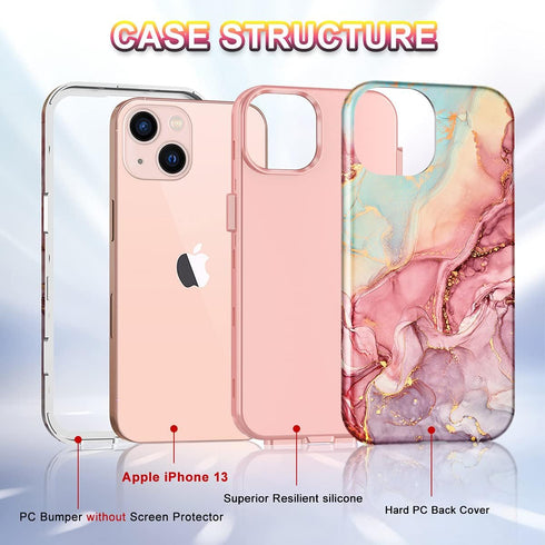 CASEFIV Compatible with iPhone 13 Case, Marble Pattern 3 in 1 Heavy Duty Shockproof Full Body Rugged Hard PC+Soft Silicone Drop Protective Girls W...
