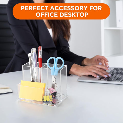 Pen Holder for Desk, Clear Acrylic Pencil Holder for Desk, Marker Holder with 3 Compartments, Pencil Organizer for Home, Office, Classroom, Bathro...