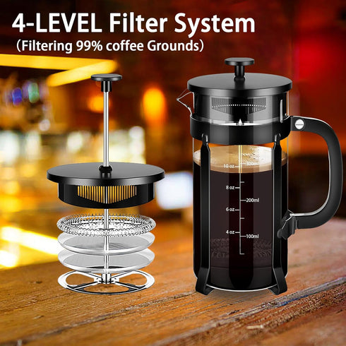 French Press Coffee Maker 304 Stainless Steel Coffee Press,with 4 Filters System, Heat Resistant Thickness Borosilicate French Press Glass, BPA-Fr...