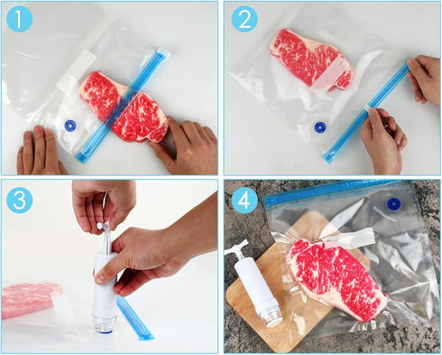 Sous Vide Bags Set of 21 Pieces (Includes 5 Large/5 Medium/5 Small Vacuum Seal Bags, 1 Hand Pump and 5 Sealing Clips) for Sous Vide Cooking, Micro...