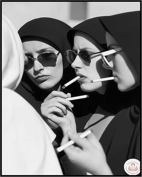Posterizer 1 pcs-black-and-white photograph captures an unconventional nuns smoking 1-Photography Art-Comedy Art-Living Room Bedroom Decor- unfram...