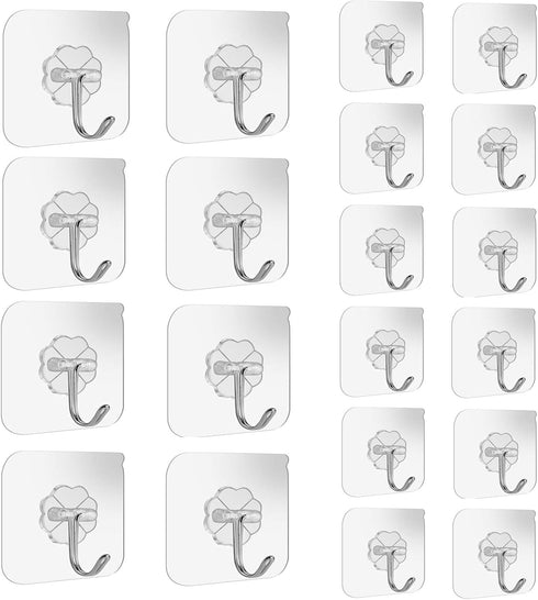 Adhesive Wall Hooks 15lb(Max) Transparent Reusable Traceless Hooks,Waterproof and Oilproof,Bathroom Kitchen Heavy Duty Self Adhesive Hooks,20 Pack...