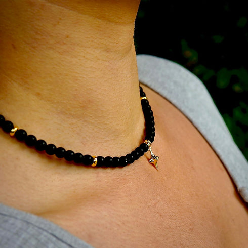 Black Onyx Choker Bead Necklace Crystal Collar | Dainty Star Pendant Cubic Zirconia Stone Vintage Lightweight Celestial Gold Jewelry for Women...