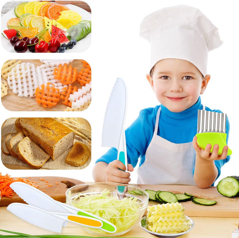 4 Pcs Kids Knife Set, Nylon Kitchen Knife with Crinkle Cutter, Serrated Edges Plastic Toddler Chef Knife for Real Cooking & Cutting Fruit Bread...