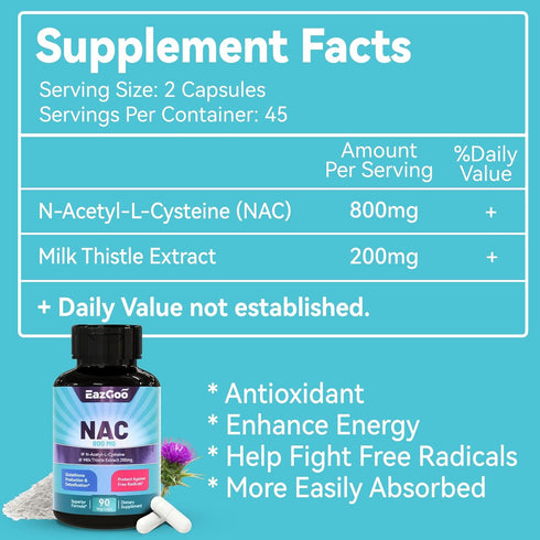 NAC Supplement, N-Acetyl Cysteine Capsules 800mg, N-Acetyl Supplement with Milk Thistle 200mg, Antioxidant Support, Vegan, GMOs-Free, NAC 90 Count...