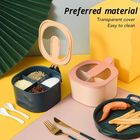 Seasoning Box With Lid, 4 Compartments Seasoning Rack Spice Pots with Handle and 4 Spoons Home Kitchen Condiment Jars for Sugar Salt Pepper(Blue)...