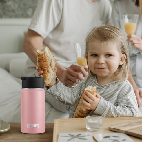koodee 12 oz Stainless Steel Water Bottle, Double Wall Vacuum Insulated Wide Mouth Flask with Wide Handle Straw Lid (Light Pink)...
