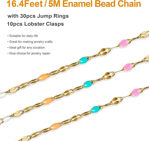 Kyutong 16.4 Feet Gold Plated Stainless Steel Chain Necklace Colorful Enamel Beaded Chains Bulk Thin Lip Chain Link with Lobster Clasps Jump Rings...