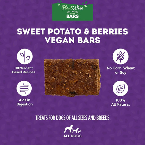 PlantWise Sweet Potato & Berries Vegan Bars Dog Treats - Plant Based Dog Snacks - 5oz/1 Pack...