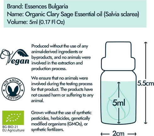 Essences Bulgaria Organic Clary Sage Essential Oil 1/6 Fl Oz | 5ml | Salvia sclarea | 100% Pure and Natural | Undiluted | Therapeutic Grade | Fami...