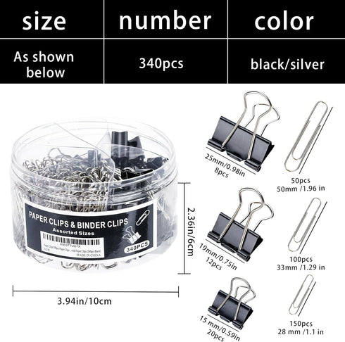 Paper Clips 340pcs Paper Clips Assorted Sizes Binder Clips Large/Small Paper Clips (Black)...