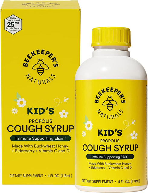 Beekeeper's Naturals Propolis Honey Cough Syrup Daytime for Kids Immune Support with Elderberry, Vitamin C, Vitamin D & Raw Honey - Throat Soothin...