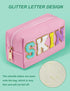 Preppy Makeup Bag, Synthetic Leather Patch Cosmetic Bag with SKIN Chenille Letter for Skincare, Gift for Girlfriend or Wife, Present for Girls, Da...