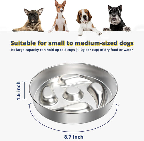 1Pack Slow Feeder Dog Bowls for Medium to Big Dogs - 3 Cup Capacity, Dual-Design for Dry and Wet Food, 304 Stainless Steel, Anti-Slip Base - Preve...