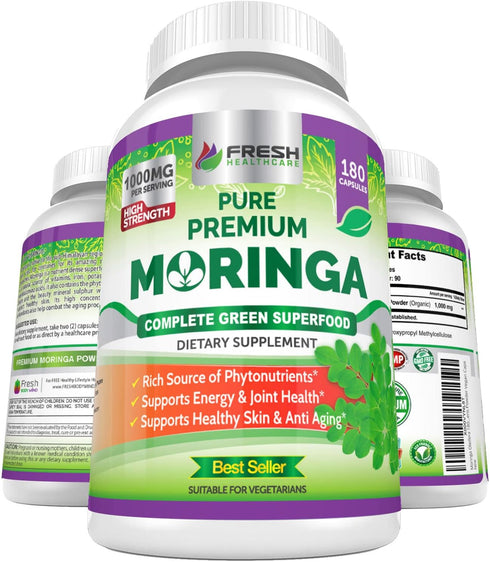 FRESH HEALTHCARE Moringa Oleifera 180 Capsules – 100% Pure Leaf Powder - 3 Month Supply - Non GMO and Gluten Free - Complete Green Superfood Suppl...