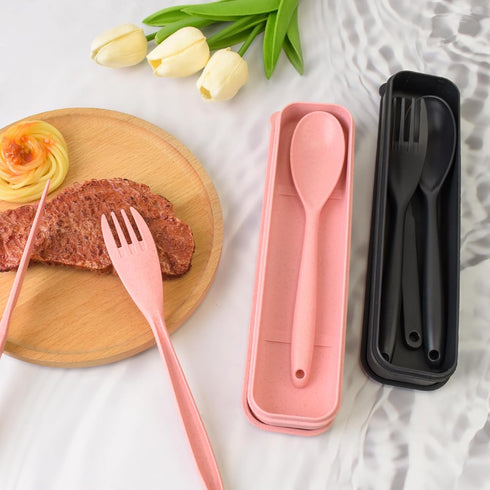 Large Reusable Utensils Set with Case, 2 Sets Portable Cutlery Set for Adults, Travel Fork Spoon Knife for Camping Work Picnic (Pink, Black)...