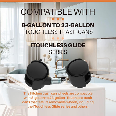 Trash Can Mobile Attachable Wheels Replacement for 8 Gallon to 23 Gallon iTouchless Trash Cans, for Stainless Garbage Can Wheels Parts - 4 Pcs...