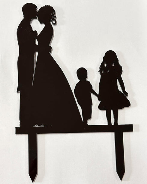 Wedding Anniversary Family Cake Topper Bride Groom couple with 2 kids (Girl & Boy (Black))...
