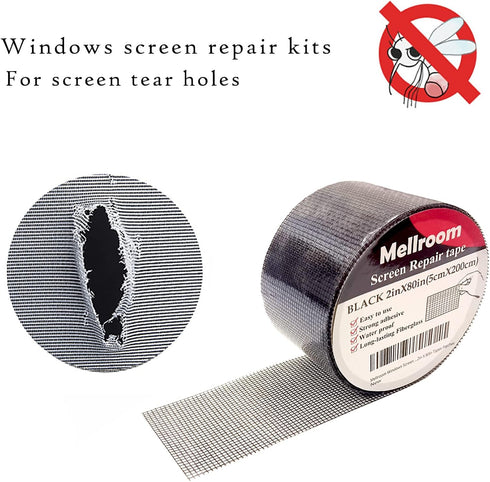 Windows Screen Repair kit Tapes, Black 2 inches X 80 inches Patches Tool, Adhesive Waterproof Fiberglass Mesh Patch Covering Fix Wire mesh Door Te...