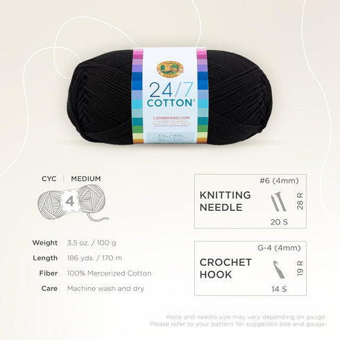 Lion Brand Yarn (1 Skein) 24/7 Cotton® Yarn, Black......