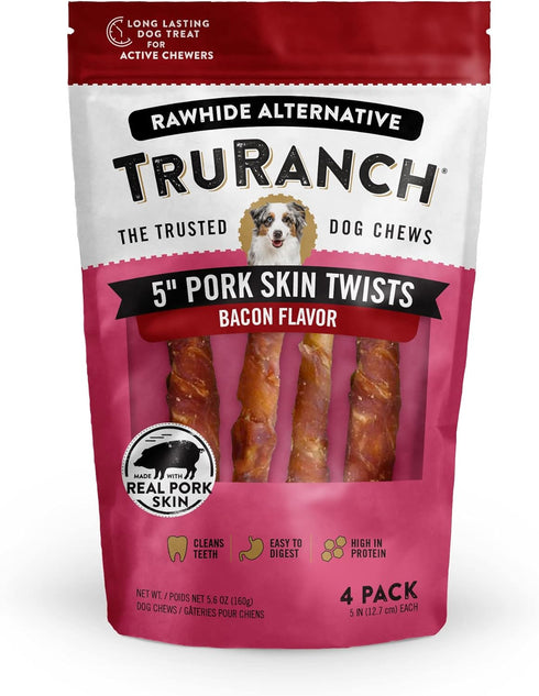 5" Medium Pork Skin Twists, Bacon Flavor, Made with Real Pork Skin, Rawhide Alternative, Healthy Dog Chews, 1 bag, 4 Count...