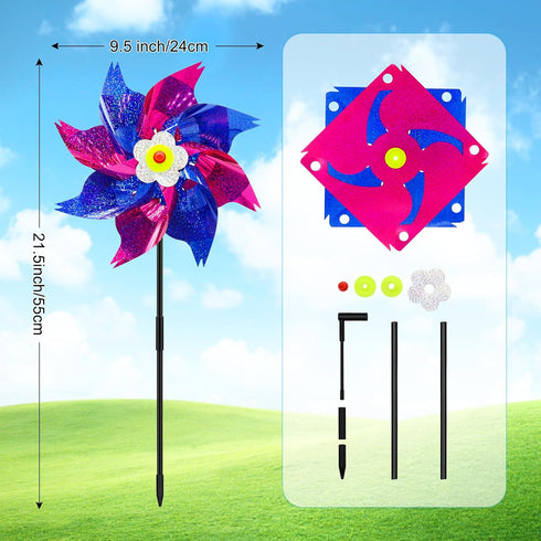 timecity 4 PCS Pinwheels Rose Red & Dark Blue Wind Spinners 9.5inch Sparkly Garden Pinwheel Reflective Windmills Scare Birds Animal Away Spinner f...