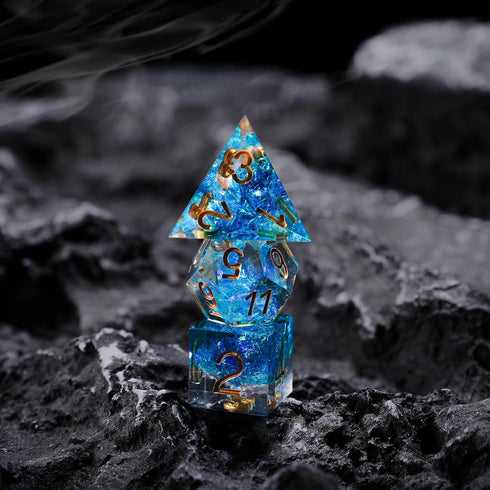 Sharp Edge DND Dice Set Metal Gift Box for Dungeons and Dragons TTRPG, Multi-Sided RPG Resin Roleplaying Games (Transparent Blue with Metallic Foi...