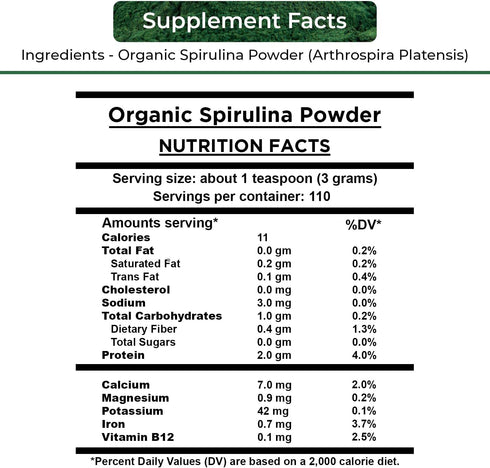 USDA Organic Spirulina Powder for Juice and Smoothy Mix; 100% Natural and Gluten Free, with High Protein, Vitamins, Antioxidants and Minerals (12 ...