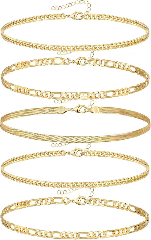 Anklets for Women Waterproof, 18k Gold Plated Anklet Bracelets for Women Adjustable Cuban Figaro Link Chain Beach Set Layered Anklets Stackable An...