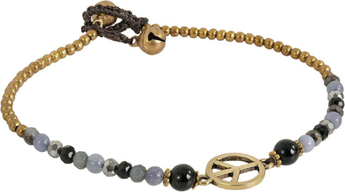 AeraVida Vintage Peace Sign with Simulated Black Onyx-Simulated Quartz & Fashion Brass Beads Link Anklet | Handmade Brass Bead Bell Anklets | Bead...