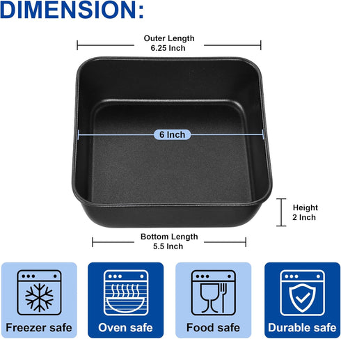 E-far 6 Inch Square Cake Pan, Nonstick Small Baking Pan with Stainless Steel Core for Brownies Lasagna Cakes, Non-toxic & Easy Clean, 2 Inch Deep ...