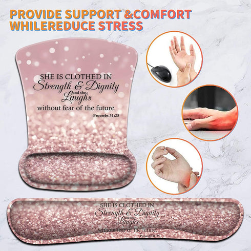 Keyboard Wrist Rest Pad and Ergonomic Mouse Pad Wrist Support Set Proverbs 31:25 Bible Verse Pink Design for Gaming, Office, Comfortable and Pain ...