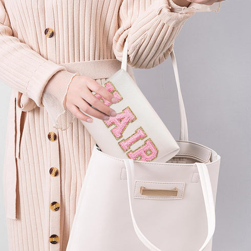 Chenille Letter Patch Makeup Bag, Preppy Cosmetic Bag PU Leather Skincare Bag with Zipper, Toiletry Bag Waterproof Travel Organizer Bag for Women ...