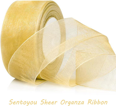 Gold Ribbon for Gifts Wrapping, 1 inch 50Yard Sheer Organza Ribbon, Gift Wrapping Chiffon Ribbon for Crafts, Flower Bouquet, Wedding Decoration, V...