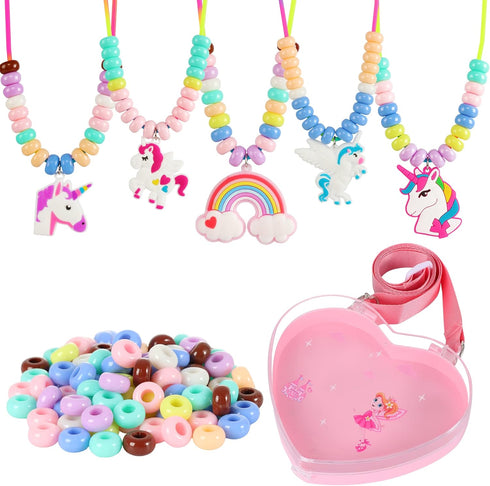 FLYINGSEEDS Unicorn Jewelry Making Kit, 5 Rubber Necklaces and Charms with 100 Big Holes Beads Toy Set, Beading Arts and Crafts, Ideal Gifts for G...