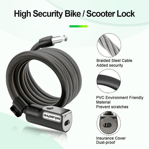 BANGTING Electric Scooter Lock, Bike Locks, 120cm/12mm Bike Lock Cable, Bike Lock with 2 Key for Bicycle/Scooter/Ebike/Stroller/Kids Bike/Moped...