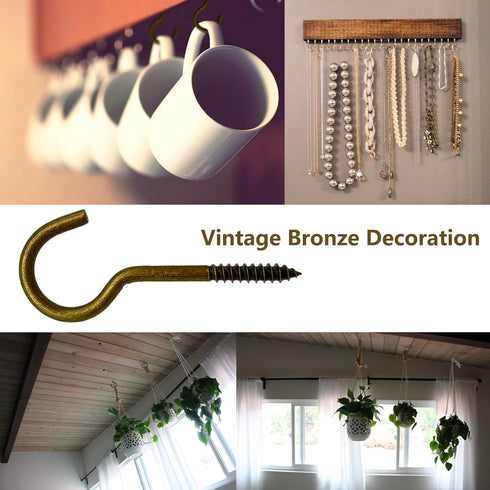 20 Pcs Stainless 2.36 Inches Screw Hooks for Outdoor String Lights, Ceiling hooks for hanging plants, Christmas Lights & Patio Lights Hooks, Bronz...