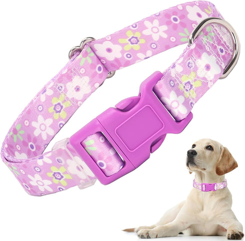 Girl Dog Collar with Purple Floral Patterns, Adjustable Cute Soft Pet Collar with Quick Release Buckle for Small Medium Large XL Dogs (Purple Flow...
