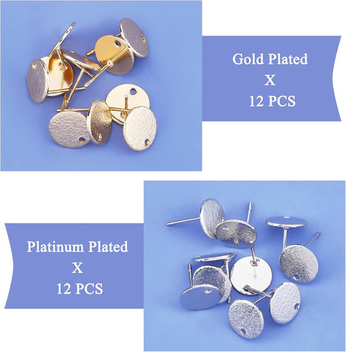 SUPERFINDINGS 24Pcs 2 Colors Hammered Brass Stud Earring Findings 10mm Flat Round Earring Posts Real Gold Platinum Plated Circle Disc Earring Stud...