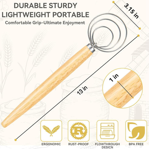 Danish Dough Whisk - Bread Dough Whisk 13 In, Food Grade Stainless Steel Bread Making Tools and Supplies, Dutch Style Dough Mixing Tool Dough Hook...