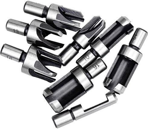Wood Plug Cutter Drill Bit Set with 3/8 Round Shank Woodworking Chamfer Drill Bits Straight and Tapered Taper 5/8" 1/2" 3/8" 1/4" Cutting Tool, 8P...