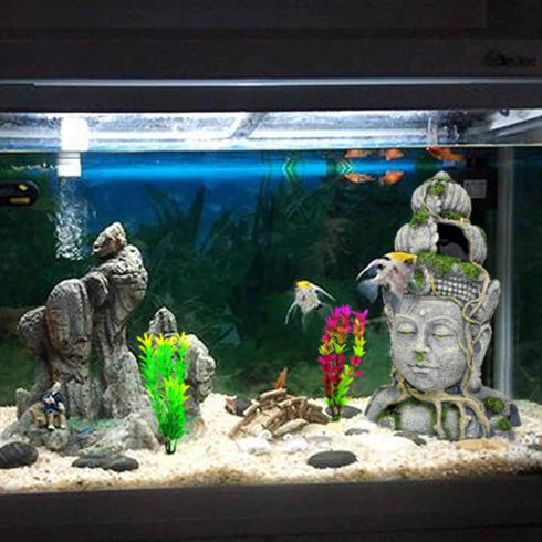 PINVNBY Aquarium Buddha Head Statue Decorations,Fish Tank Resin Large Buddha Sculpture Ornament,Betta Hideout Cave Sleep Rest Play for Small Fish ...
