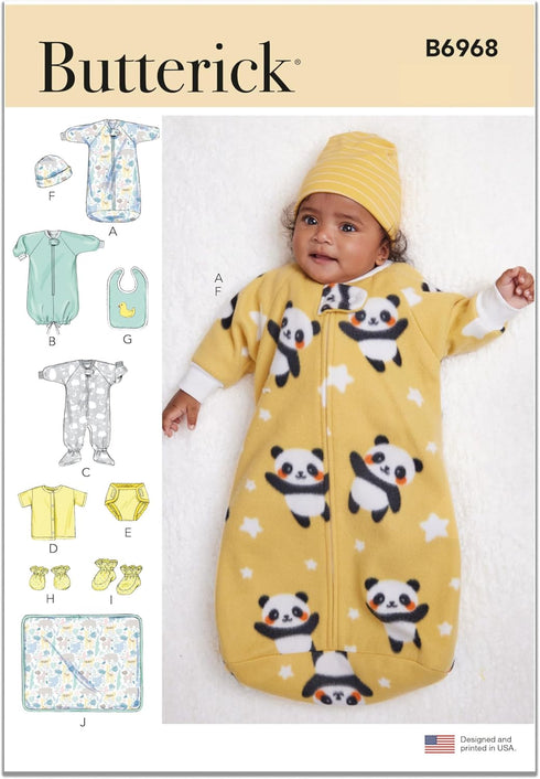 Butterick Infants' Bunting, Jumpsuit, Shirt, Diaper Cover, Hat, Bib, Mittens, Booties and Blanket Sewing Pattern Kit, Design Code B6968, Sizes XXS...