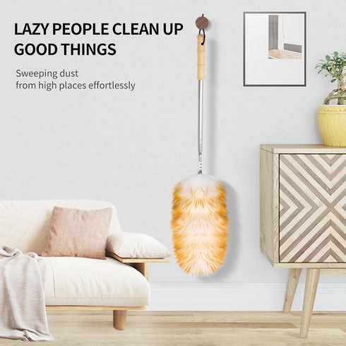 Natural Feathers Duster,Lambswool Duster with Solid Wooden Long Handle and Stainless Steel Extension Pole Up to 87.8" for Cleaning High Ceiling Fa...