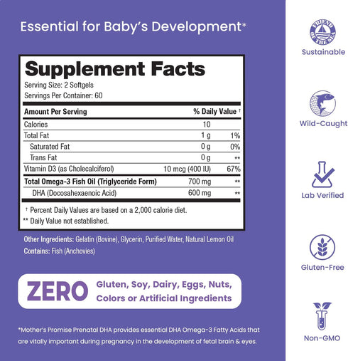 Prenatal DHA for Women 600mg + 400 IU Vitamin D3 | 120 Softgels | Supports Brain Health | Triglyceride Omega 3 Fish Oil DHA Prenatal Vitamins for ...
