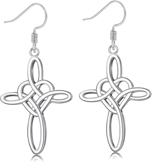 Sllaiss Sterling Silver Celtic Knot Cross Dangle Earrings White Gold Plated Good Luck Vintage Cross Drop Earrings Irish Jewelry...