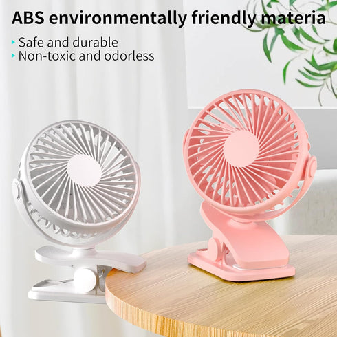 Portable Clip on Fan, 360° Rotate Battery Operated Stroller Fan, 3 Speed Quiet Mini Personal Desk Fan, USB Rechargeable Clooing Fan for Outdoor Ca...